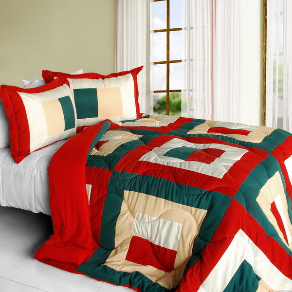 Red Green Peach & White Colorblock Geometric Patchwork Teen Boy Bedding Full/Queen Modern Comforter Set