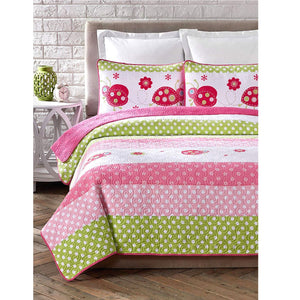 Luxury Cotton Pink Green Ladybug & Polka Dot Girl Bedding Full/Queen Quilt Set Coverlet Bedspread