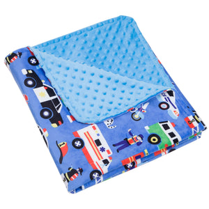 Manta de felpa de terciopelo Minky para cuna o niño pequeño, color azul, con diseño de héroes de rescate, policía, bomberos, camiones, ambulancia