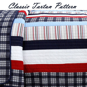 Luxury Cotton Classic Plaid Striped Boys Bedding Twin Full/Queen Quilt Set Elegant Red White Blue Patriotic Coverlet Beadspread