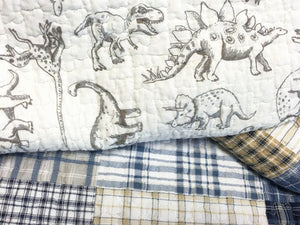 Luxury Cotton Blue White Striped Patchwork Dinosaur Boy Bedding Twin Full/Queen King Reversible Quilt Set Elegant Coverlet Bedspread