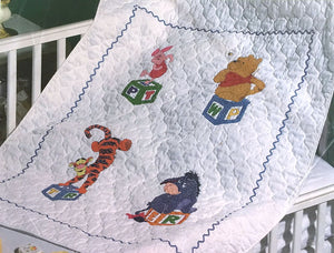 Vintage New Disney Winnie The Pooh Counted Cross Stitch Quilt Kit or PDF Pattern Instructions Block Party Keepsake Baby Nursery Crib Blanket 34" x 43" Pooh Piglet Tigger Eeyore Playing