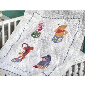 Vintage New Disney Winnie The Pooh Counted Cross Stitch Quilt Kit or PDF Pattern Instructions Block Party Keepsake Baby Nursery Crib Blanket 34" x 43" Pooh Piglet Tigger Eeyore Playing