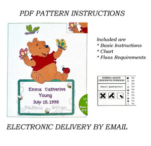 Disney Winnie The Pooh Fluttering Friends Counted Cross Stitch Kit or PDF Pattern Instructions Keepsake Baby Birth Announcement Record Sampler 1132-57