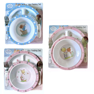 Juego de regalo para la hora de comer para niño y niña Precious Moments: plato, tazón, cuchara, tenedor, regalo para baby shower para niños de 4 piezas en rosa o azul