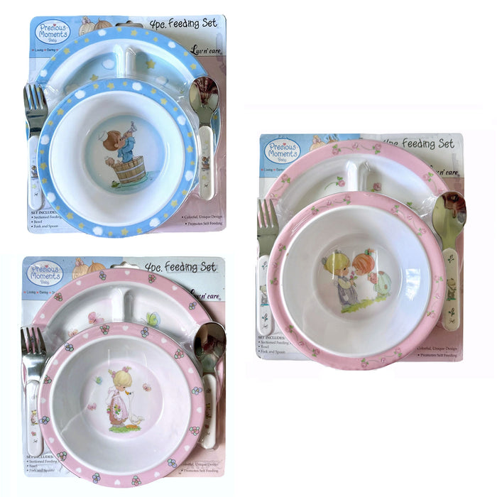 Precious Moments Boy & Girl Mealtime Feeding Gift Set - Child 4 Piece Pink or Blue Plate Bowl Spoon Fork Baby Shower Gift