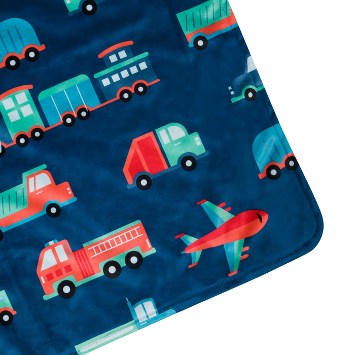 Transportation Vehicles Dark Blue Baby Crib Blanket Plush Velour Minky Trains Planes Trucks 28" x 39"