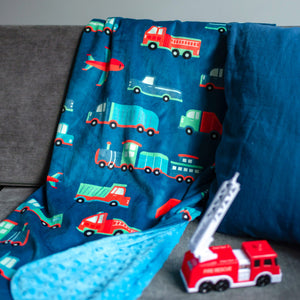 Transportation Vehicles Dark Blue Baby Crib Blanket Plush Velour Minky Trains Planes Trucks 28" x 39"