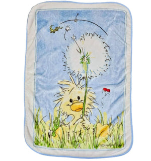 Vintage Pre-Owned Little Suzy's Zoo Newborn Baby Crib Blanket - Witzy with Dandelion Duck Animal in the Grass - Plush Crib Throw Velour Velvet Thick Minky