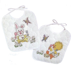 Lot de 2 bavoirs pour bébé vintage Suzy's Zoo avec broderie au point de croix et instructions PDF « Baby's Friends » Canard - Lapin et papillons 1994 38-147