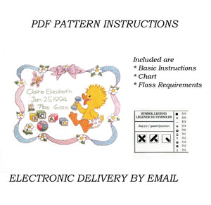 Canard bébé avec jouets et rubans, modèle de point de croix compté, instructions PDF, souvenir, annonce de naissance de bébé, échantillon Janlynn 1994