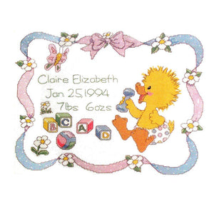 Canard bébé avec jouets et rubans, modèle de point de croix compté, instructions PDF, souvenir, annonce de naissance de bébé, échantillon Janlynn 1994