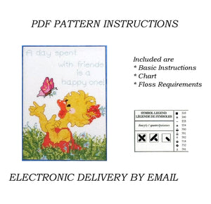 Suzy Ducken avec papillon Suzy's Zoo Vintage Motif de point de croix compté 'Happy Day' 2006 par Janlynn - Instructions PDF