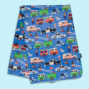 Rescue Heroes Police Fire Trucks Ambulance Blue Baby Crib or Toddler Blanket Plush Velour Minky Throw