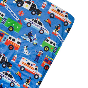 Manta de felpa de terciopelo Minky para cuna o niño pequeño, color azul, con diseño de héroes de rescate, policía, bomberos, camiones, ambulancia