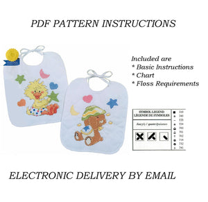 Vintage Little Suzy's Zoo Stamped Cross Stitch Kit or PDF Pattern Chart Instructions Keepsake Baby Bibs Witzy Yellow Duck & Boof Brown Bear 2-Pack