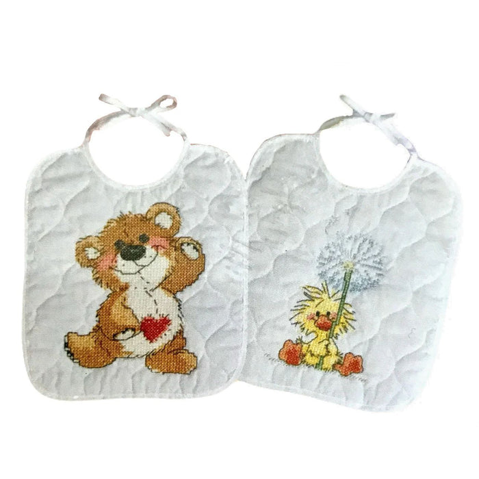 Little Suzy's Zoo Stamped Cross Stitch Kit or PDF Chart Pattern Instructions Keepsake Baby Bibs Witzy with Dandelion & Dancing Boof Bear 2-Pack