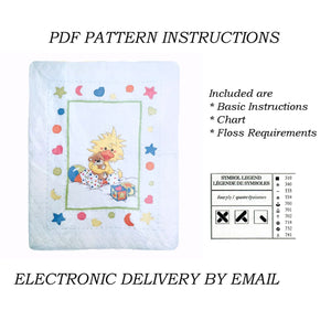 Vintage Little Suzy's Zoo Yellow Duck with Bear Toy Stamped Cross Stitch Baby Quilt Blanket Kit or PDF Pattern Instruction Chart Witzy Duckling with Teddy Bear Keepsake Gift 34" x 43" Stars Moons Hearts 1999