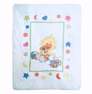 Kit de couverture courtepointe pour bébé au point de croix estampé vintage Little Suzy's Zoo, canard jaune avec ours, ou tableau d'instructions pour modèle PDF, caneton intelligent avec ours en peluche, cadeau souvenir 34" x 43" Étoiles, lunes, cœurs 1999