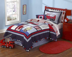 Fireman's Fire Truck Boys Bedding Twin Quilt Set Embroidered Cotton Bedspread Blue & Red