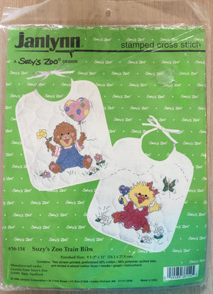 New Suzy's Zoo Stamped Cross Stitch Kit Keepsake Baby Bibs Set of 2 or PDF Pattern Chart Instructions Vintage Janlynn Duck & Marmot Animals 1995