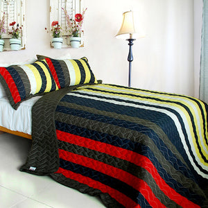 Navy Blue Red Yellow Striped Teen Bedding Full/Queen Modern Quilt Set