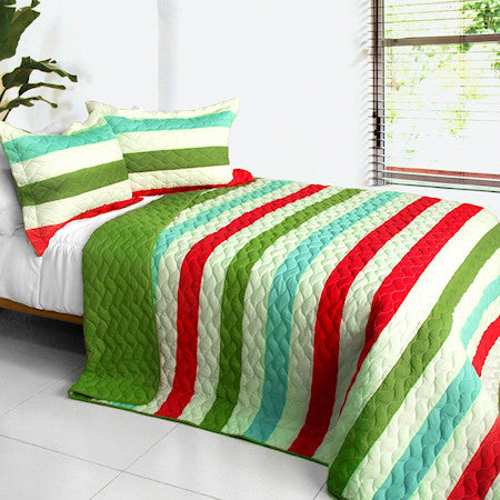 Green Red Turquoise Blue Striped Teen Bedding Full/Queen Quilt Set Modern Bedspread