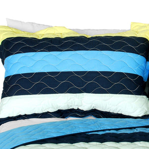 Blue Yellow Navy Striped Teen Bedding Boy or Girl Full/Queen Quilt Set - Pillow sham