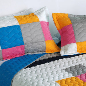 Hot Pink Blue White Modern Colorblock Teen Girl Bedding Full/Queen Quilt Set Geometric Bedspread