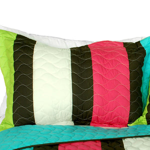 Green Blue Pink Striped Teen Girl Bedding Full/Queen Quilt Set Oversized Bedspread
