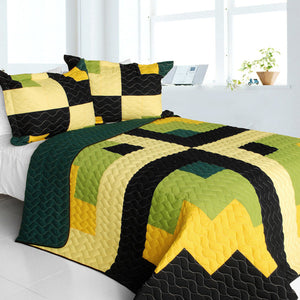 Green Black Yellow Checkered Teen Boy Bedding Full/Queen Quilt Set Modern Geometric Bedspread