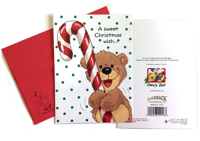 Suzy's Zoo Willie Bear's Christmas Candy Cane Holiday Greeting Card 5" x 7"