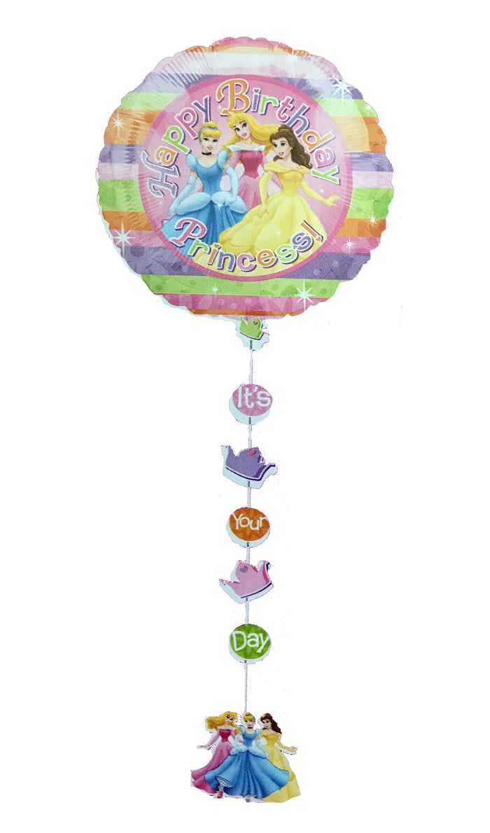 Disney Princesses Happy Birthday 22" Drop-A-LIne Party Balloon - Cinderella, Aurora, Belle - with Balloon Weight