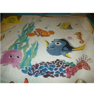 Vintage Disney Pixar Finding Nemo Dory & Fish Friends Baby Nursery Crib Quilt Stamped Cross Stitch Kit Blanket or PDF Chart Pattern Keepsake Gift 34" x 43"