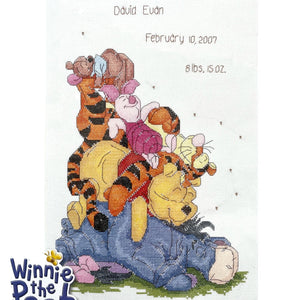 Walt Disney Winnie The Pooh Bear Snoozy Day Counted Cross Stitch Birth Announcement Kit or PDF Pattern Chart Keepsake Baby Gift Record Sampler 10" x 16" 1136-41