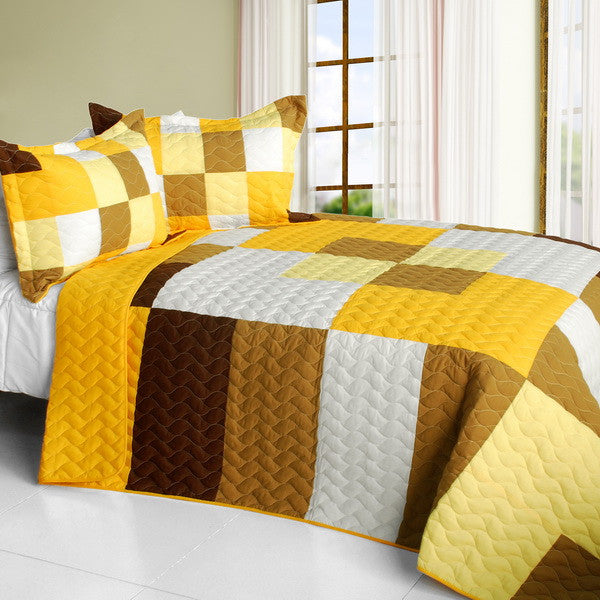 Brown Tan Yellow & White Teen Bedding Full/Queen Quilt Set Patchwork Geometric Bedspread