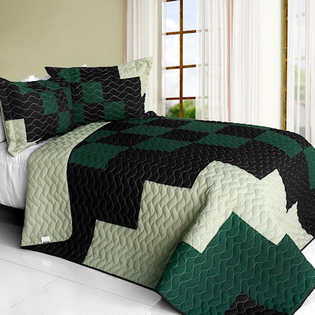 Dark Green Black White Teen Boy Patchwork Bedding Full/Queen Quilt Set Modern Geometric Bedspread