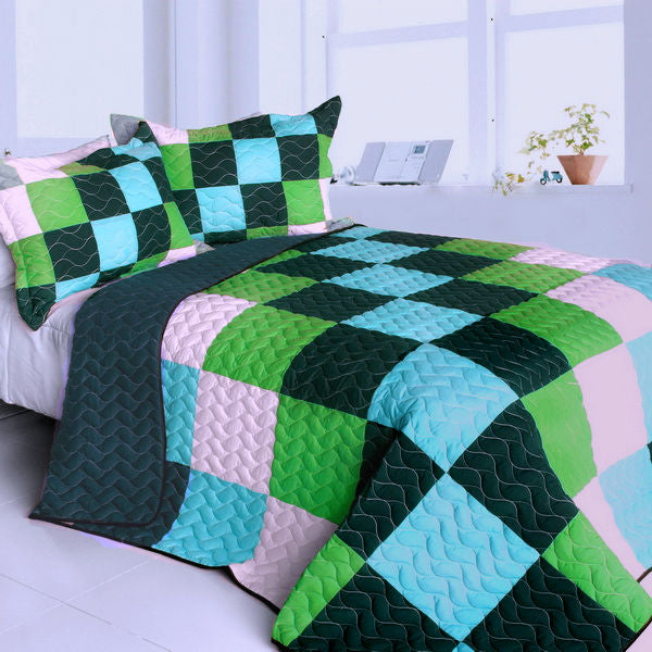 Green Navy & Turquoise Blue Geometric Teen Boy Bedding Full/Queen Quilt Set Patchwork Modern Bedspread