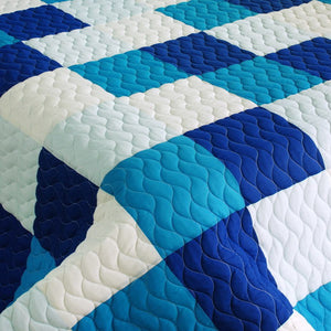 Modern White Blue Patchwork Teen Bedding Boy Girl Quilt Set - Detail
