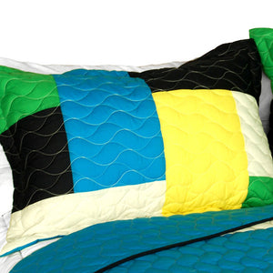 Geometric Blue Green Yellow Patchwork Teen Boy Bedding Full/Queen Quilt Set - Pillow Sham