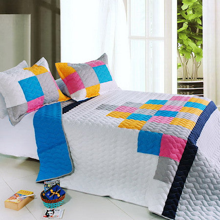 White Hot Pink Blue Grey Modern Colorblock Teen Girl Bedding Full/Queen Quilt Set Geometric Bedspread