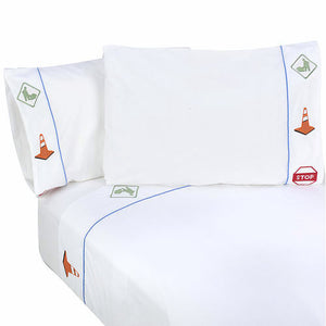 Road Construction Queen Bed Sheets for Boys Embroidered Cotton