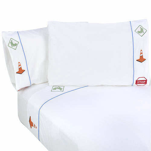 Cotton Road Construction Signs Queen White Linen Kids Bed Sheets Set for Boys Embroidered