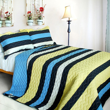 Blue Yellow Navy Striped Teen Bedding Boy or Girl Full/Queen Quilt Set Modern Bedspread