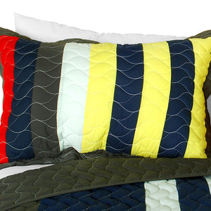 Navy Blue Red Yellow Striped Teen Bedding Full/Queen Modern Quilt Set - Pillow Sham