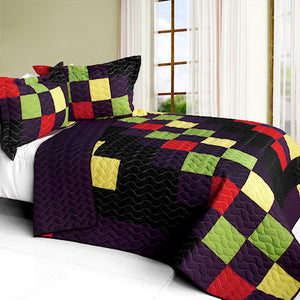 Purple Black Green Red Modern Teen Bedding Full/Queen Quilt Set Patchwork Geometric Bedspread