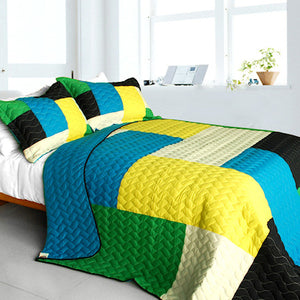 Geometric Blue Green Yellow Patchwork Teen Boy Bedding Full/Queen Quilt Set Modern Bedspread