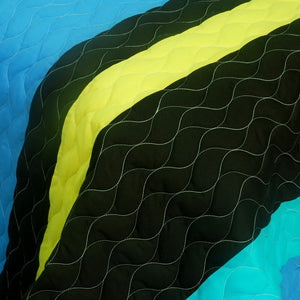 Ocean Blue White Black & Yellow Striped Bedding Full/Queen Quilt Set - Detail