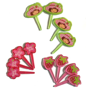 Strawberry Shortcake Strawberries & Flowers Plastic Cupcake Deco Picks 12 CT with Stickers