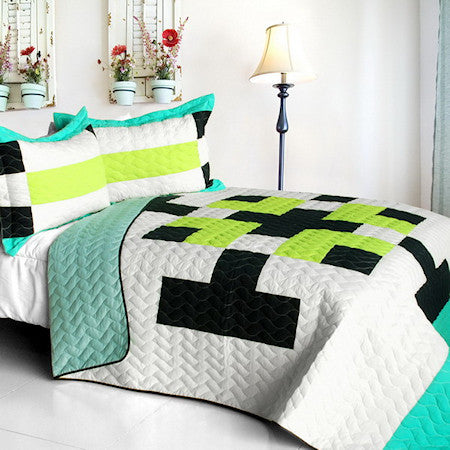 White Navy Green Geometric Pixel Teen Boy Bedding Full/Queen Quilt Set Modern Bedspread